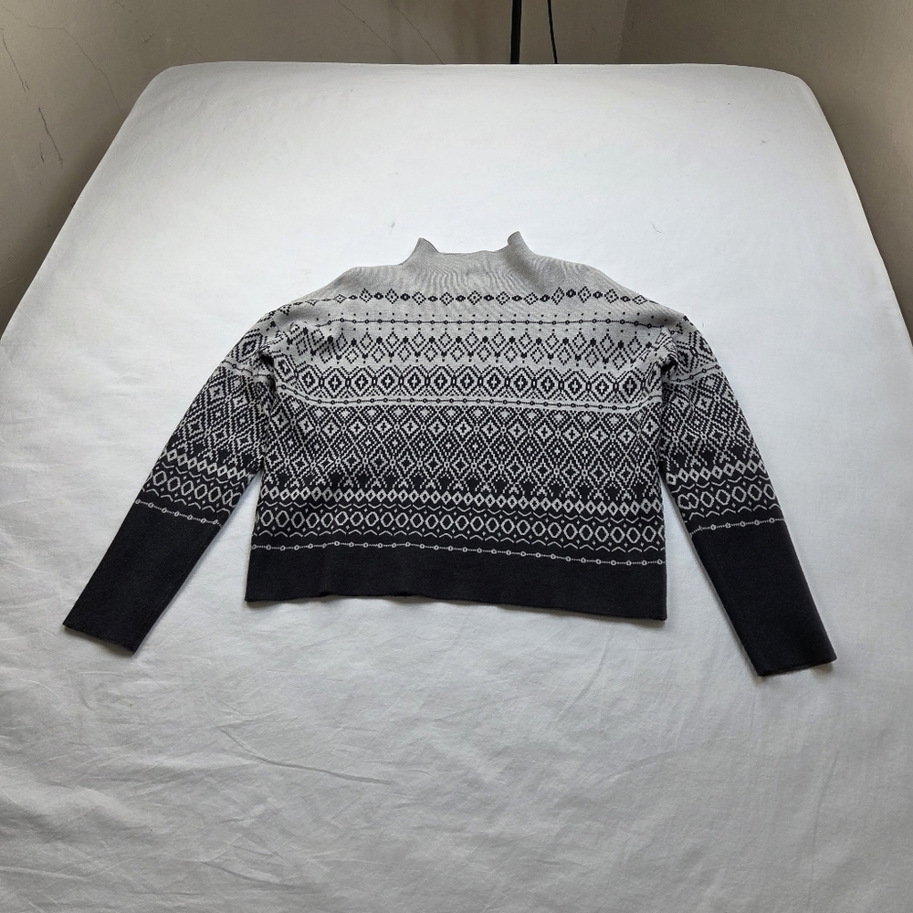 Joie Gray Black Fair Isle Sweater M Mock Neck Stretchy Knit Pullover - Picture 12 of 12